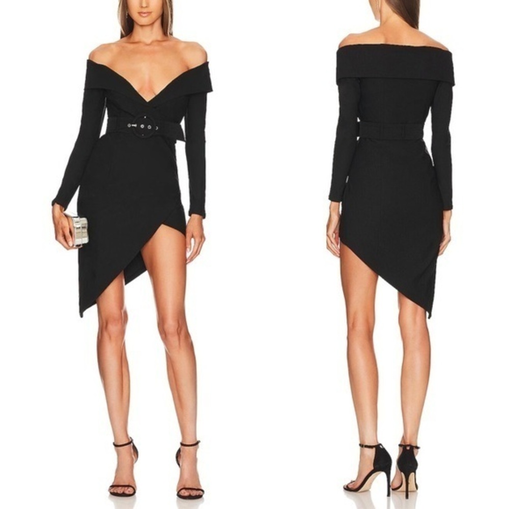 Michael Costello NWT Mercy Black Shoulder off Asymmetric Mini Dress S
